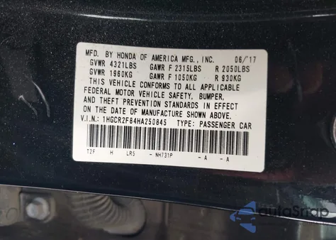 2017 Honda Accord Ex-L из США, поврежденный, VIN 1HGCR2F84HA250845